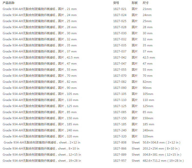 1827-055-沃特曼Grade934-AH圆片型1.5um玻璃纤维滤纸