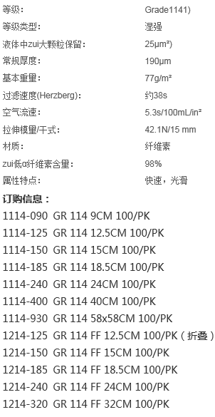 1114-185-沃特曼114号湿强级快速定性滤纸